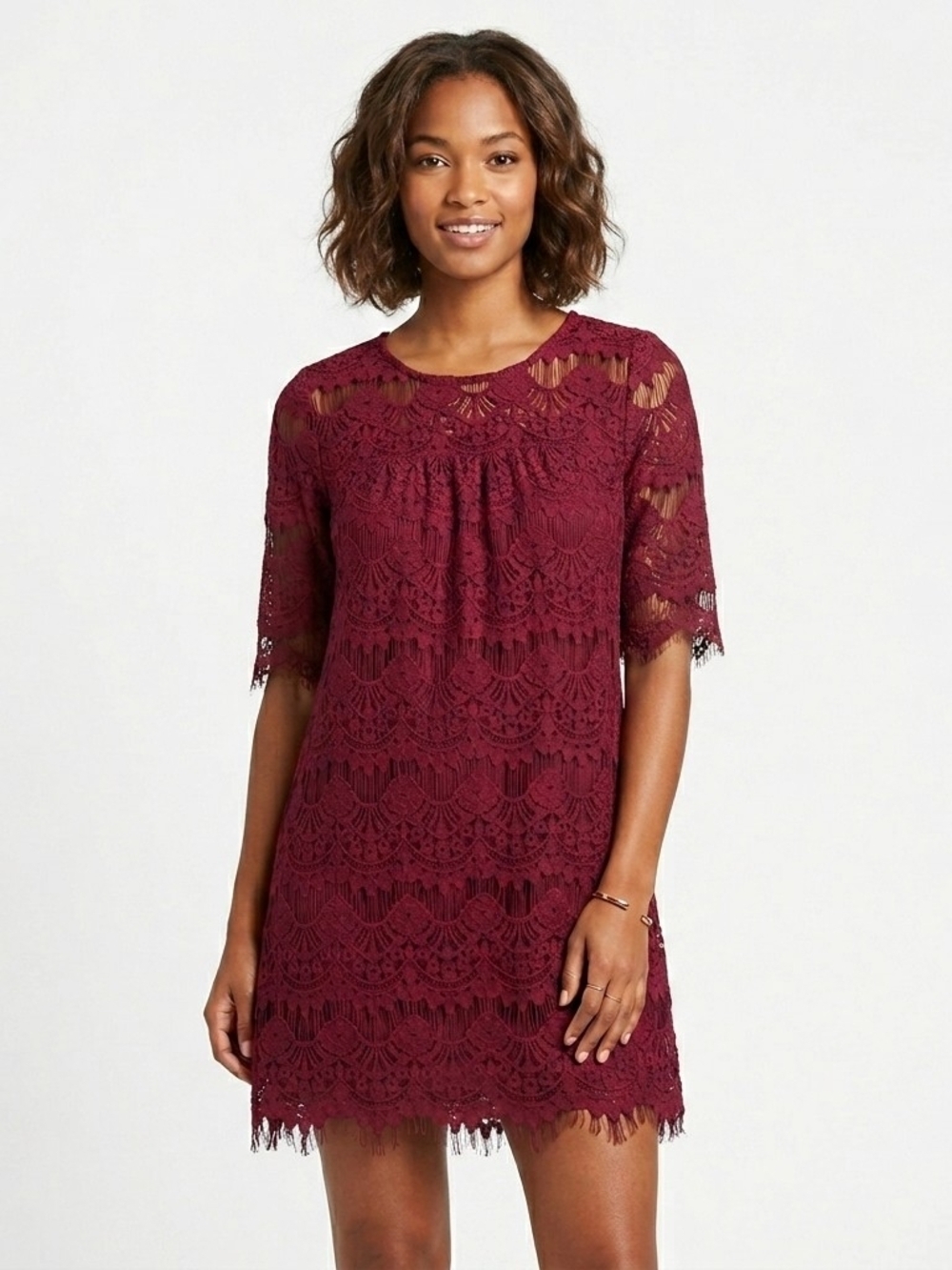 Speechless Burgundy Lace Mini Dress Size Small Short Sleeve Lined